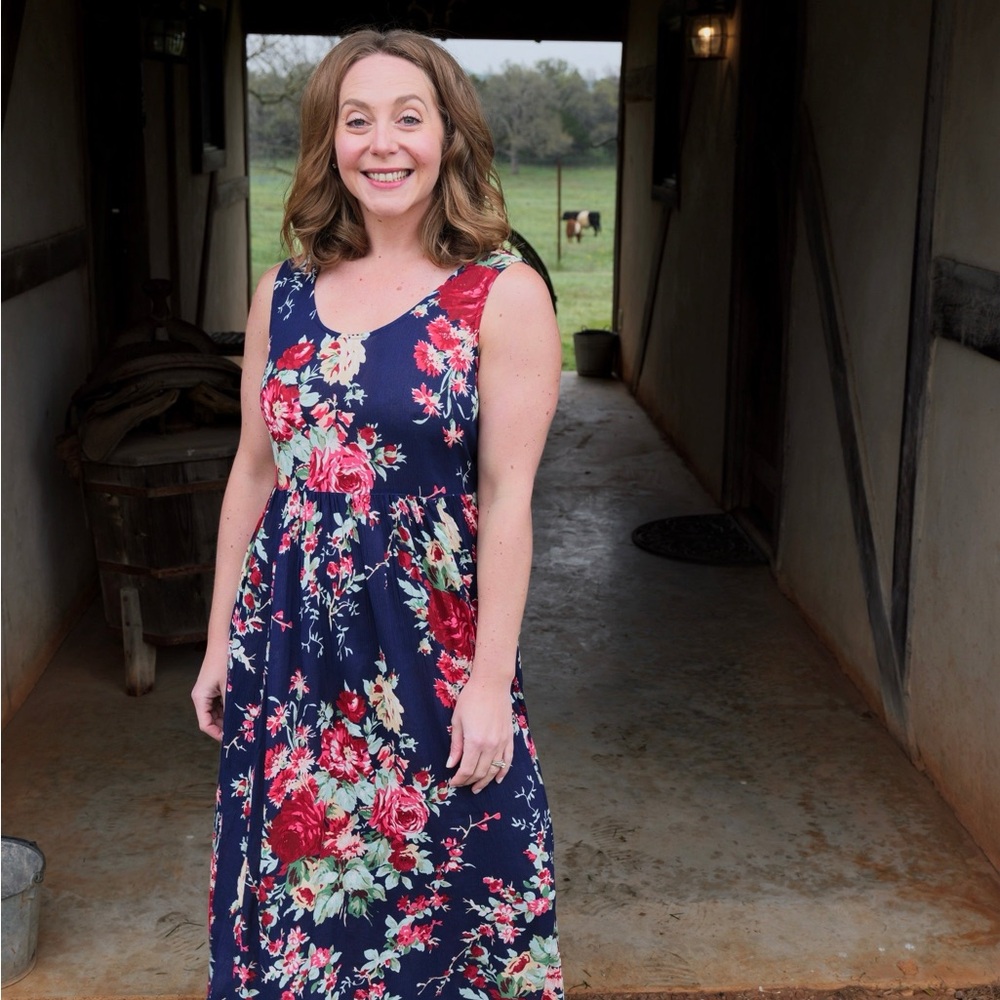 April Cornell Blue and Pink Sleeveless Maxi Sundress